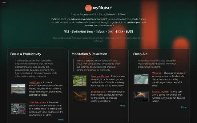 Screenshot of the myNoise website