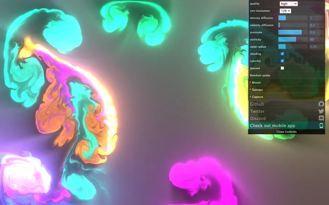 Screenshot of the WebGL Fluid Simulation website