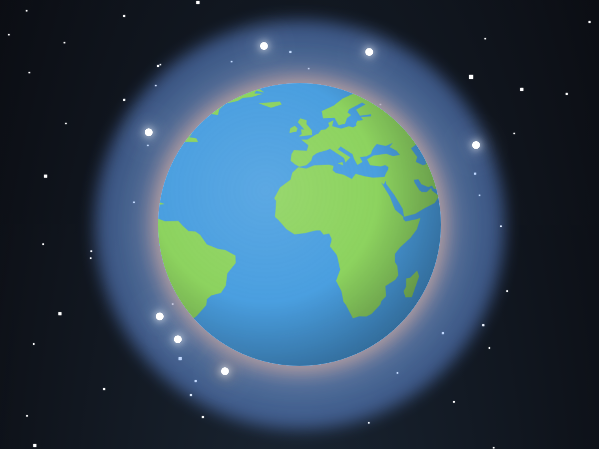 Connected Breath: a glowing Earth ringed by small lights, each one a person breathing